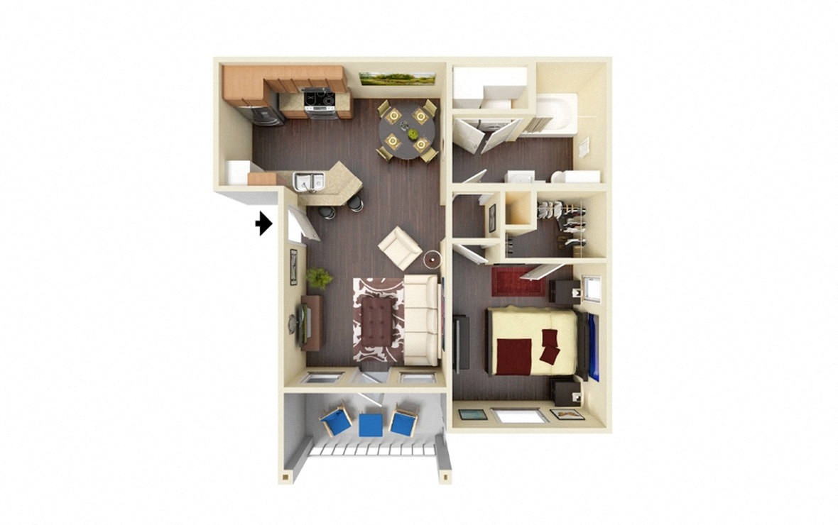 Floor plan for 1 bed, 1 bath, 617 sqft